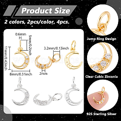 4Pcs 2 Colors 925 Sterling Silver Micro Pave Clear Cubic Zirconia Moon Charms&nbsp;STER-PH0004-58
