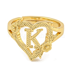Heart with Letter & Flower Rack Plating Brass Adjustable Rings for Women&nbsp;RJEW-I105-05G-K