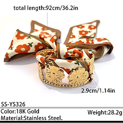 304 Stainless Steel Hollow Flower Cuff Bangles with Flower Print Cloth Scarf&nbsp;WG31ED2-01
