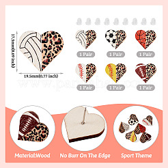 6 Pairs 6 Styles Sport Theme Wood Heart Stud Earrings&nbsp;EJEW-TA0001-33