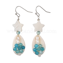Natural Agate & Cultured Freshwater Pearl & Cowrie Shell Beads Dangle Earrings&nbsp;EJEW-JE07199