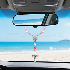 2Pcs Alloy Virgin Cross & Synthetic Coral Rose Flower Rosary Hanging Ornaments for Car Decor&nbsp;HJEW-SC0003-43