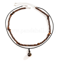 Wood Heishi Beaded Tiger Eye Rondelle Pendant Waxed Cord Double Layer Necklaces for Men&nbsp;FS-WG2829B-01