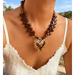 Leopard Print 316 Surgical Stainless Steel Enamel Heart Pendant Acrylic & Resin Beaded Necklaces for Women&nbsp;WG79306-01