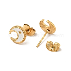 Ion Plating(IP) Enamel Crescent Moon with Star Stud Earrings with 316 Surgical Stainless Steel Pins&nbsp;EJEW-A081-09G