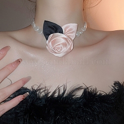Rose Cloth Plastic Pearl Beaded Choker Necklaces&nbsp;FS-WGC088F-02