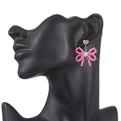 Heart with Bowknot Handmade Glass Seed Beads Dangle Stud Earrings&nbsp;EJEW-MZ00474-04