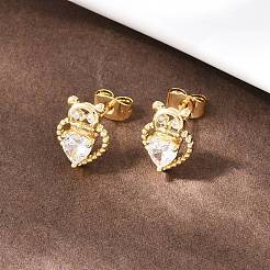 Heart Brass Micro Pave Clear Cubic Zirconia Stud Earrings&nbsp;EJEW-C172-02G