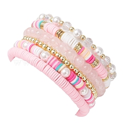 6Pcs 6 Styles Handmade Polymer Clay Heishi & Glass & Electroplate Non-magnetic Synthetic Hematite & Rose Quartz Beads Stretch Bracelets & Alloy Enamel Charm Bracelets&nbsp;BJEW-JB12231