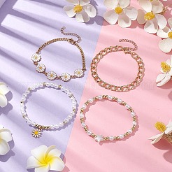 4Pcs 4 Styles Daisy Flower Alloy Enamel Charm Bracelet Sets&nbsp;BJEW-JB10546