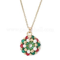 Glass Seed Beads & Shell Pearl Beaded Christmas Wreath Pendant 304 Stainless Steel Cable Chain Necklaces&nbsp;NJEW-MZ00121