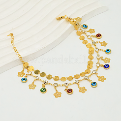 Bohemian Brass Round Coin Evil Eye Tassel 2-Strand Anklets for Women&nbsp;BL2252