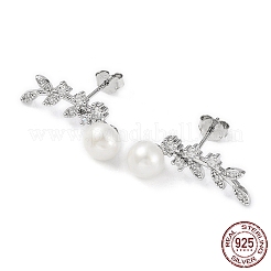 Anti-Tarnish Cubic Zirconia Leafy Branch with Natural Pearl Stud Earrings&nbsp;EJEW-F318-11P