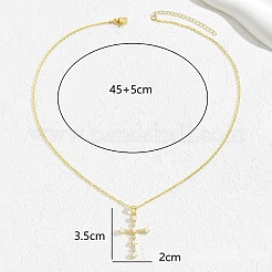 Elegant Brass Pave Clear Cubic Zirconia & White Imitation Pearl Cross Pendant Necklaces for Women&nbsp;JU1999