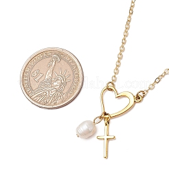 2Pcs 2 Colors Stainless Steel & ABS Imitation Pearl Heart Cross Necklaces for Women&nbsp;NJEW-JN05201