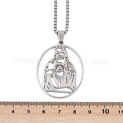 201 Stainless Steel Oval with Hollow Juses Pendant Necklaces&nbsp;LS-NJEW-K283-05P