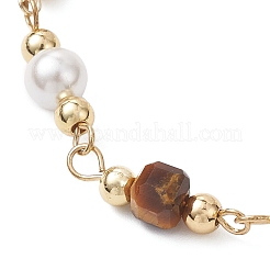 Natural Tiger Eye Cube & Shell Pearl Round Beads Link Bracelets&nbsp;BJEW-JB12907-01