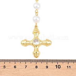 Brass Pave Clear Cubic Zirconia Cross Y Pendant Necklaces with ABS Imitation Pearl Handmade Link Chain&nbsp;NJEW-F364-06G