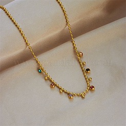 316 Surgical Stainless Steel Pave Colorful Cubic Zirconia Ball Chain Flat Round Tassel Necklaces&nbsp;FS-WGDEC77-01