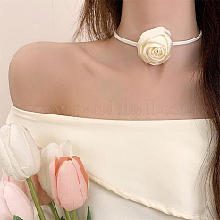 1Pc Fabric French Rose Flower Pendant PU Leather Choker Women's Necklaces&nbsp;NJEW-CL0001-06B