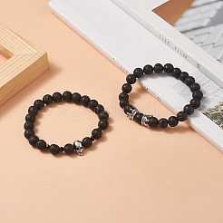 2Pcs 2 Style Natural Lava Rock & Brass Beaded Stretch Bracelets Set&nbsp;BJEW-JB09244-01