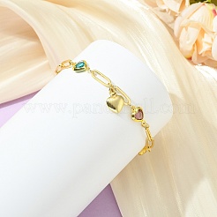 Heart Charm Handmade Brass Glass Link Chain Bracelets with OT Clasps&nbsp;BJEW-JB14260