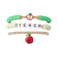 3Pcs 3 Styles Teachers' Day Polymer Clay Beads Stretch Bracelet & Alloy Enamel Apple Charm Bracelet Set for Women&nbsp;BJEW-TA00606