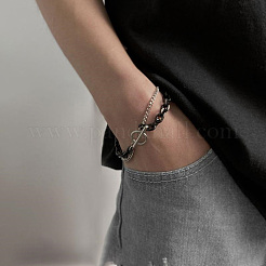 Two Tone 201 Stainless Steel Curb Chain & Cable Chain Double Layers Bracelets for Women Men&nbsp;FS-WGC755C-03