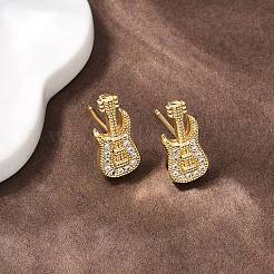 Brass Micro Pave Clear Cubic Zirconia Guitar Stud Earrings&nbsp;EJEW-F400-08G