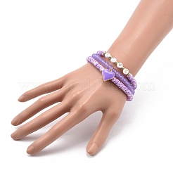 3Pcs 3 Style Natural Dyed Malaysia Jade & Acrylic Word Love Beaded Stretch Bracelets Set with Alloy Enamel Heart Charms&nbsp;BJEW-JB08924-04