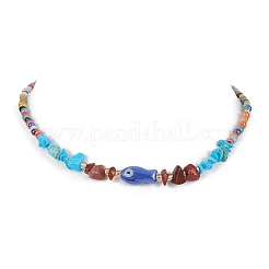 Natural Red Jasper & Howlite Chips & Porcelain Fish Beaded Necklace with Alloy Clasps&nbsp;NJEW-JN04367