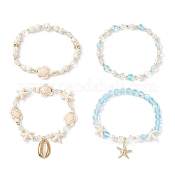 4Pcs 4 Styles Shell Pearl & Glass & Synthetic Turquoise & Synthetic Moonstone Beads Stretch Bracelets & 304 Stainless Steel Charm Bracelets for Women&nbsp;BJEW-JB11996-02