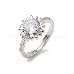 Flower Brass with Clear Cubic Zirconia Finger Rings for Women&nbsp;RJEW-Z111-01P
