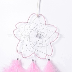 Handmade Flower Woven Net/Web with Feather Wall Hanging Decoration&nbsp;HJEW-A001-03A