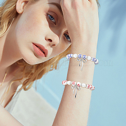 2Pcs 2 Colors Printed Porcelain & Glass Pearl Beaded Stretch Bracelets for Women&nbsp;BJEW-PA0001-11