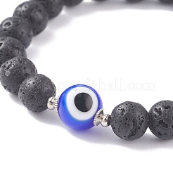Natural Lava Rock Round Beaded Stretch Bracelet with Evil Eye Lampwork&nbsp;BJEW-JB07838