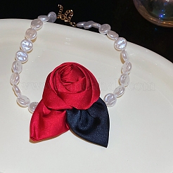 Rose Cloth Plastic Pearl Beaded Choker Necklaces&nbsp;FS-WGC088F-01
