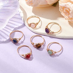Round Natural Amethyst/Green Aventurine/Carnelian/Rose Quartz/Tiger Eye/Lapis Lazuli Braided Finger Ring&nbsp;RJEW-JR00743-02