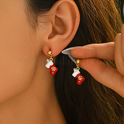 Christmas Socking Brass Enamel Dangle Stud Earrings&nbsp;QV0416