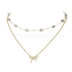 304 Stainless Steel Bowknot Pendant Natural Labradorite Nuggets Link Chain Double Layer Necklaces for Women&nbsp;NJEW-JN05399-03