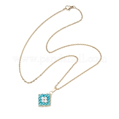 Natural Rainbow Moonstone and Handmade Glass Beaded Rhombus Pendant 304 Stainless Steel Cable Chain Necklaces&nbsp;NJEW-MZ00124-03