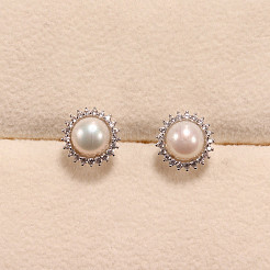 Flower Brass Micro Pave Clear Cubic Zirconia with Natural Freshwater Pearl Pendant Necklace & Stud Earrings & Finger Ring&nbsp;WG8FE37-01