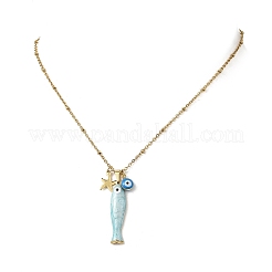 Brass Enamel Evil Eye & 304 Stainless Steel Fish Charms 304 Stainless Steel Chains Necklaces for Women&nbsp;NJEW-JN06382-01