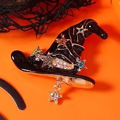Halloween Alloy Enamel Witch Hat Brooches for Women, Black, 58x52mm