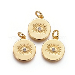 Brass Pendants, Cadmium Free & Lead Free, with Cubic Zirconia and Jump Rings, Flat Round with Evil Eye, Clear, Golden, 15x13x1.5mm, Hole: 3mm