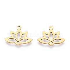 201 Stainless Steel Pendants, Laser Cut, Hollow, Lotus, Real 18K Gold Plated, 14x18.5x1mm, Hole: 1.6mm