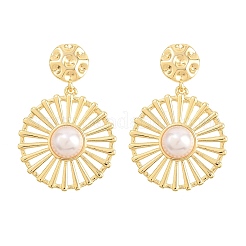 Flat Round Brass & ABS Imitation Pearl Dangle Stud Earrings&nbsp;EJEW-T051-04G