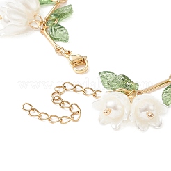 Shell Pearl Flower with Leaf Charm Bracelet with Bar Link Chains&nbsp;BJEW-TA00215