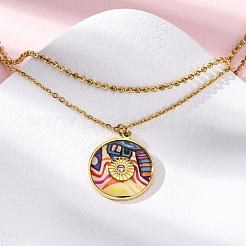 304 Stainless Steel & Plastic Colorful Flat Round Pendant Double Layer Necklaces for Women&nbsp;NJEW-U032-05G