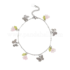 5Pcs 5 Colors 201 Stainless Steel Butterfly & Spray Painted Glass Flower Charm Brass Bar Link Chain Anklets&nbsp;AJEW-AN00736
